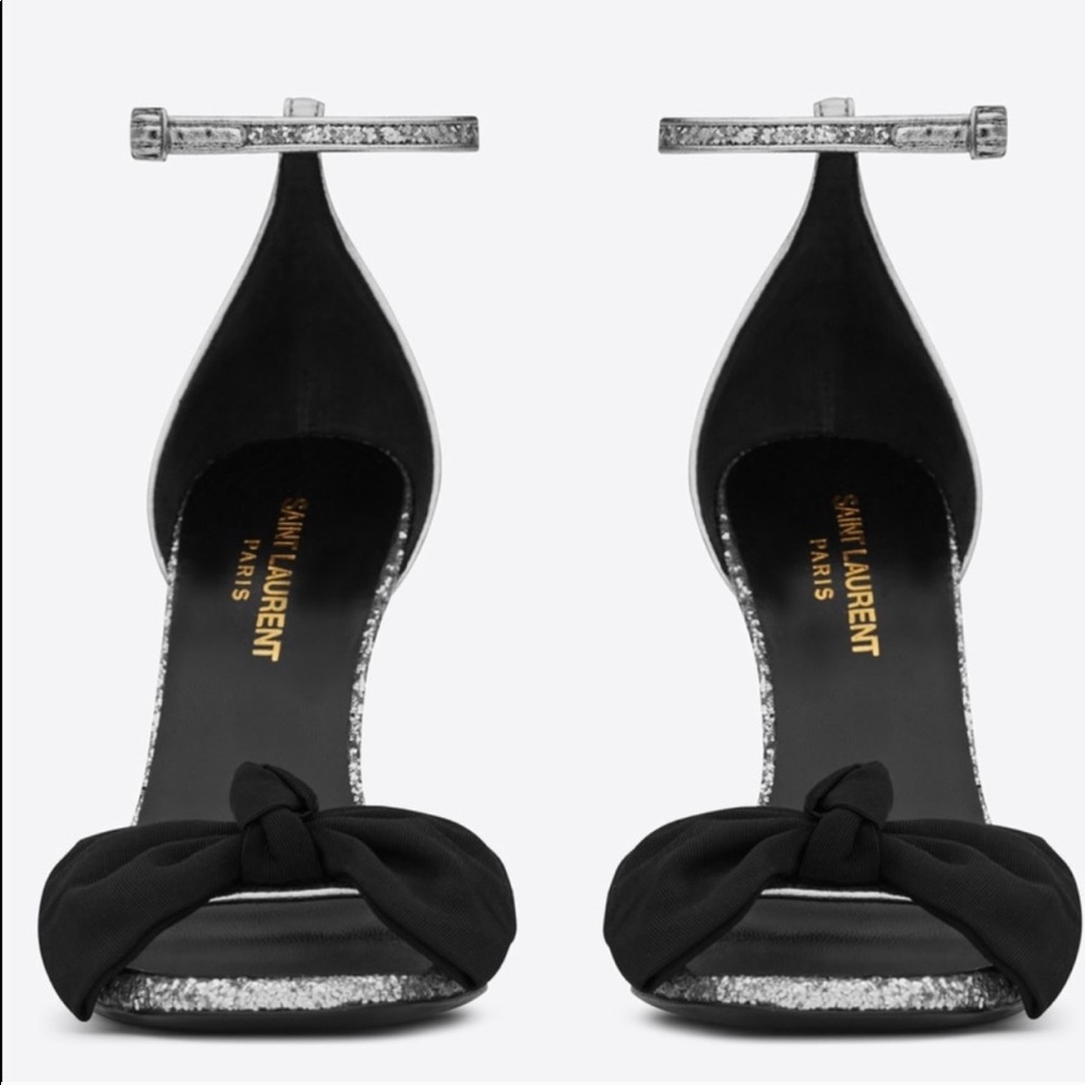 Saint Laurent Silver Glitter Heels with Bow Detail - Picture 4 of 8